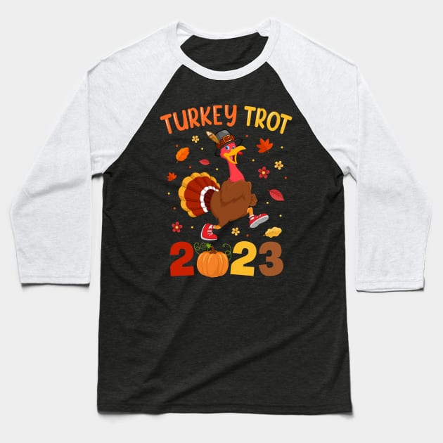 Turkey Trot 2023 Thanksgiving Turkey Running Runner Autumn Baseball T-Shirt by James Green